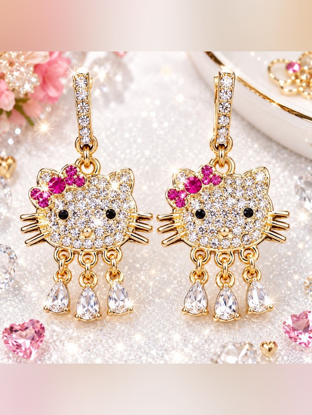 Gold-plated Crystal Hello Kitty Drop earrings with silver post BOGO